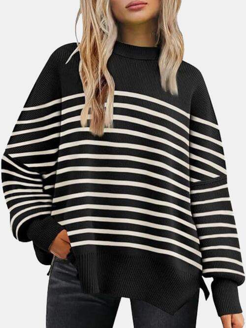 Round Neck Drop Shoulder Slit Sweater - Trendsi - Flyclothing LLC