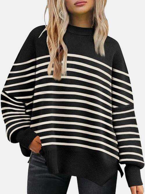 Round Neck Drop Shoulder Slit Sweater - Trendsi - Flyclothing LLC
