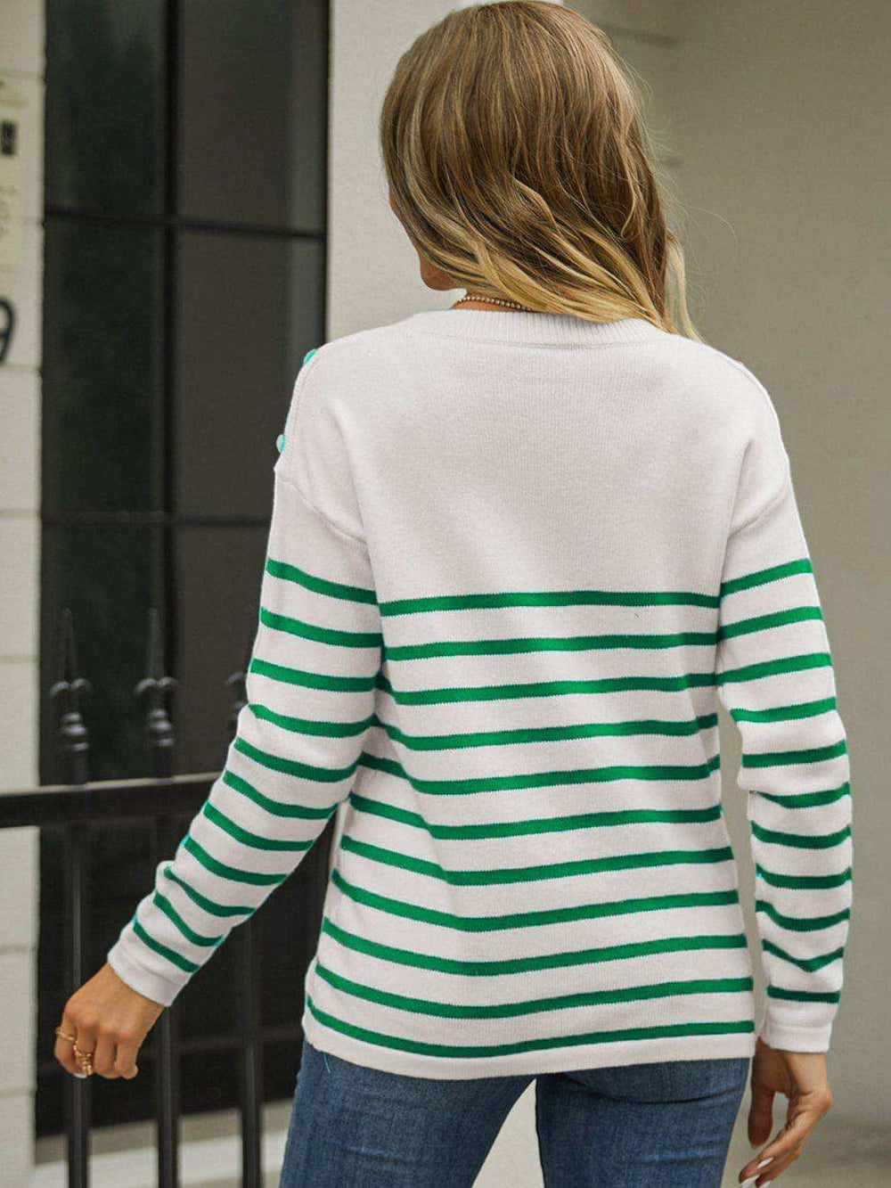 Round Neck Shoulder Button Striped Pullover Sweater - Trendsi - Flyclothing LLC