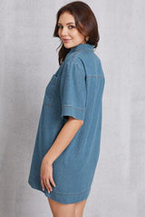 Pocketed Collared Neck Mini Denim Dress - Trendsi