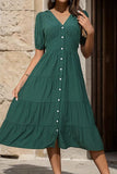 V-Neck Button Up Balloon Sleeve Midi Dress - Trendsi