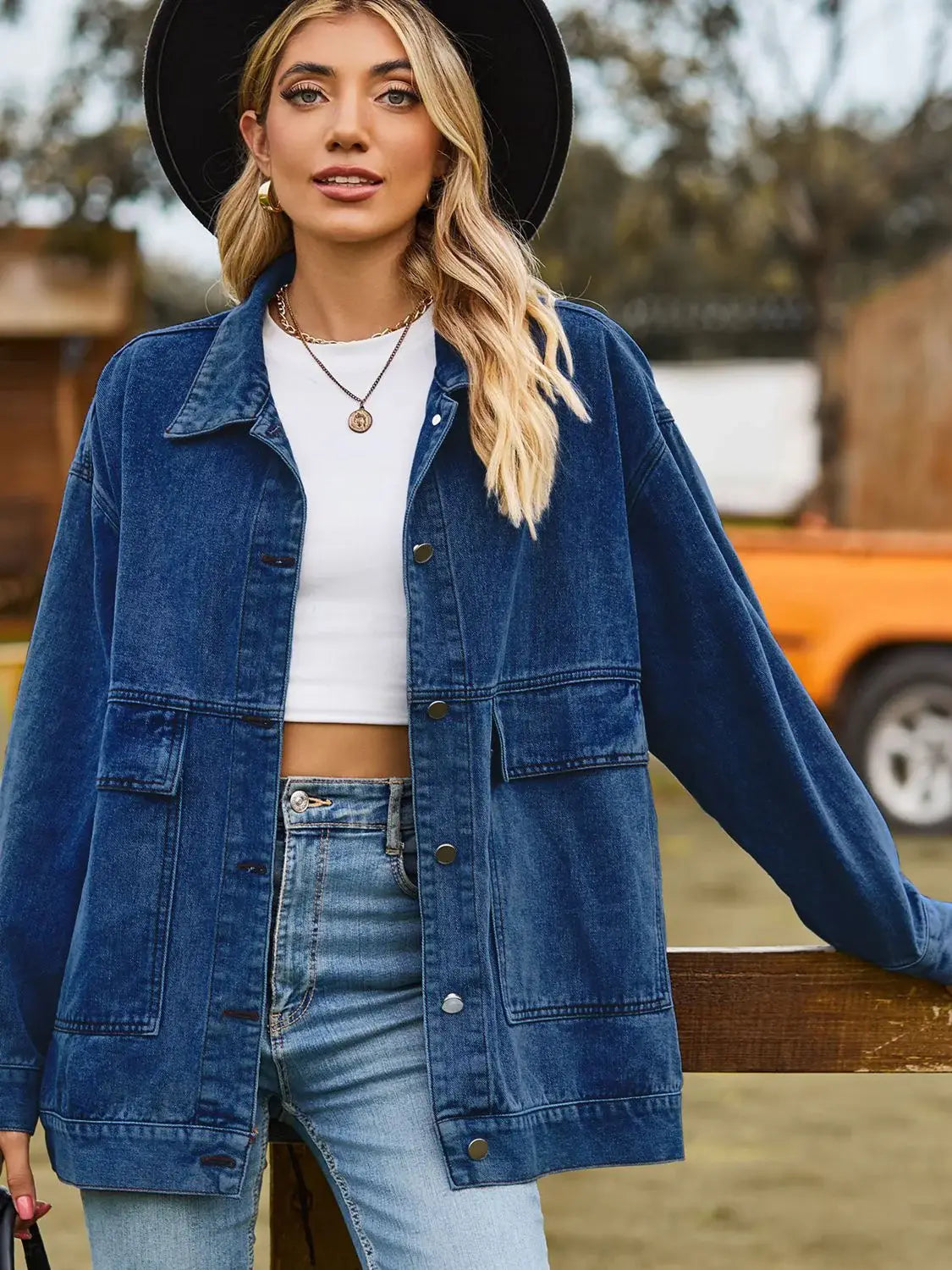 Dropped Shoulder Denim Jacket with Pockets - Trendsi - Flyclothing LLC