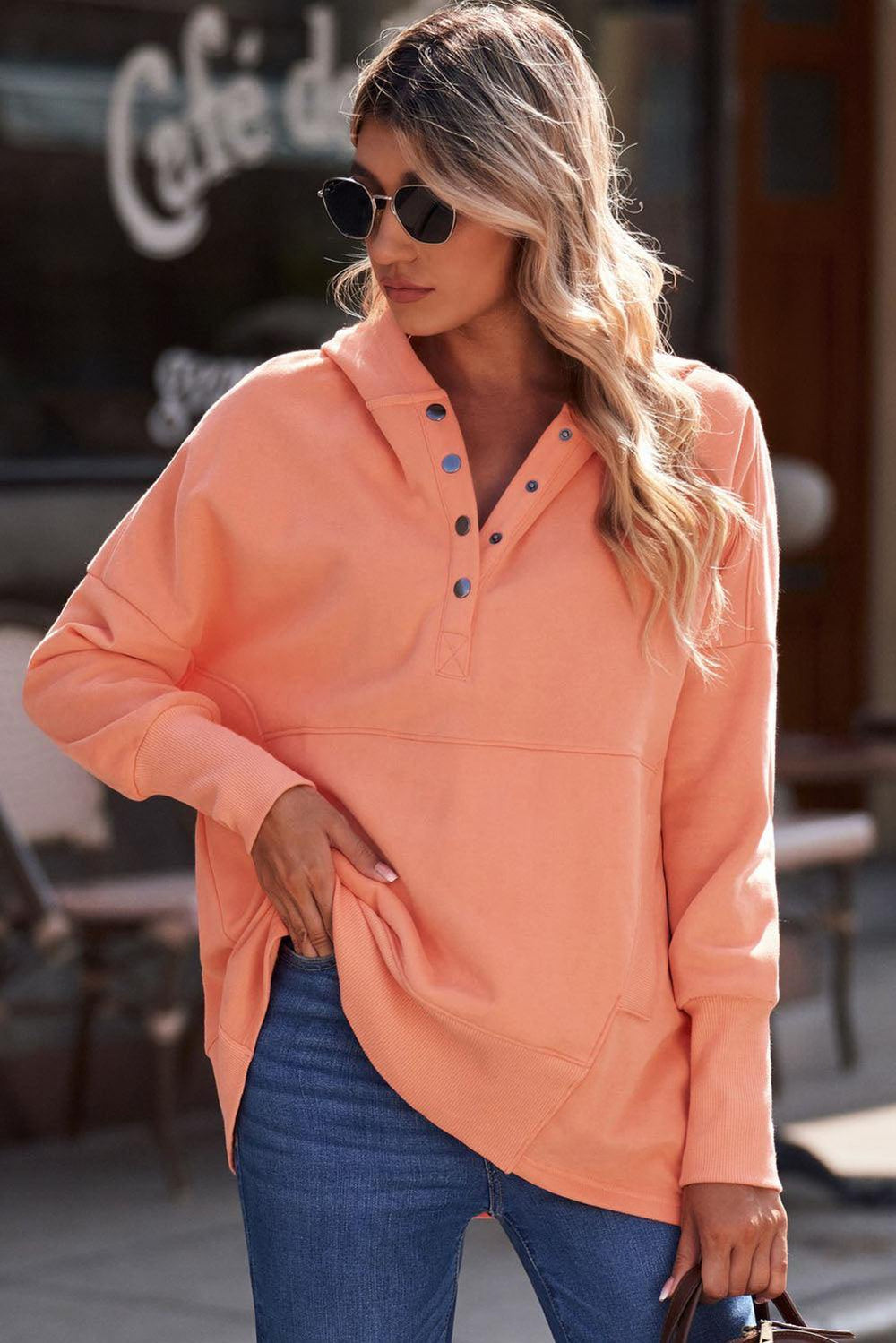 Quarter-Snap Dropped Shoulder Hoodie - Trendsi