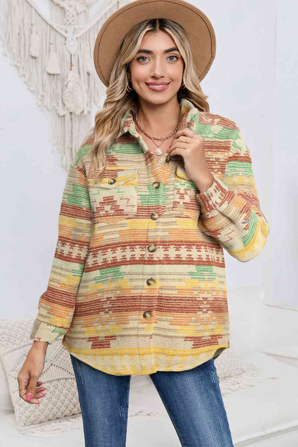 Geometric Button Down Collared Jacket - Trendsi - Flyclothing LLC