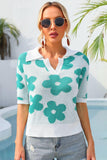 Floral Johnny Collar Half Sleeve Knit Top - Trendsi