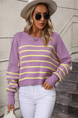 Striped Dropped Shoulder Round Neck Pullover Sweater - Trendsi - Flyclothing LLC