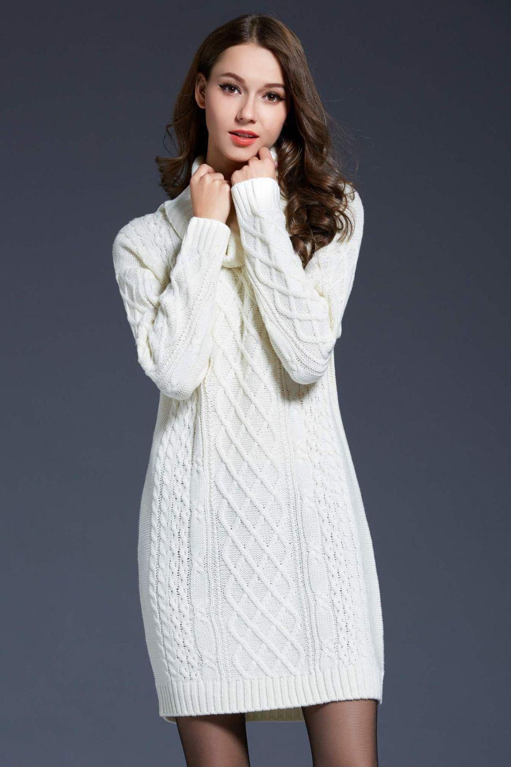 Full Size Mixed Knit Cowl Neck Dropped Shoulder Sweater Dress - Trendsi
