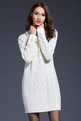Full Size Mixed Knit Cowl Neck Dropped Shoulder Sweater Dress - Trendsi
