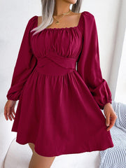 Tied Square Neck Balloon Sleeve Dress - Flyclothing LLC