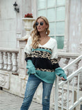 Leopard Color Block V-Neck Sweater - Trendsi