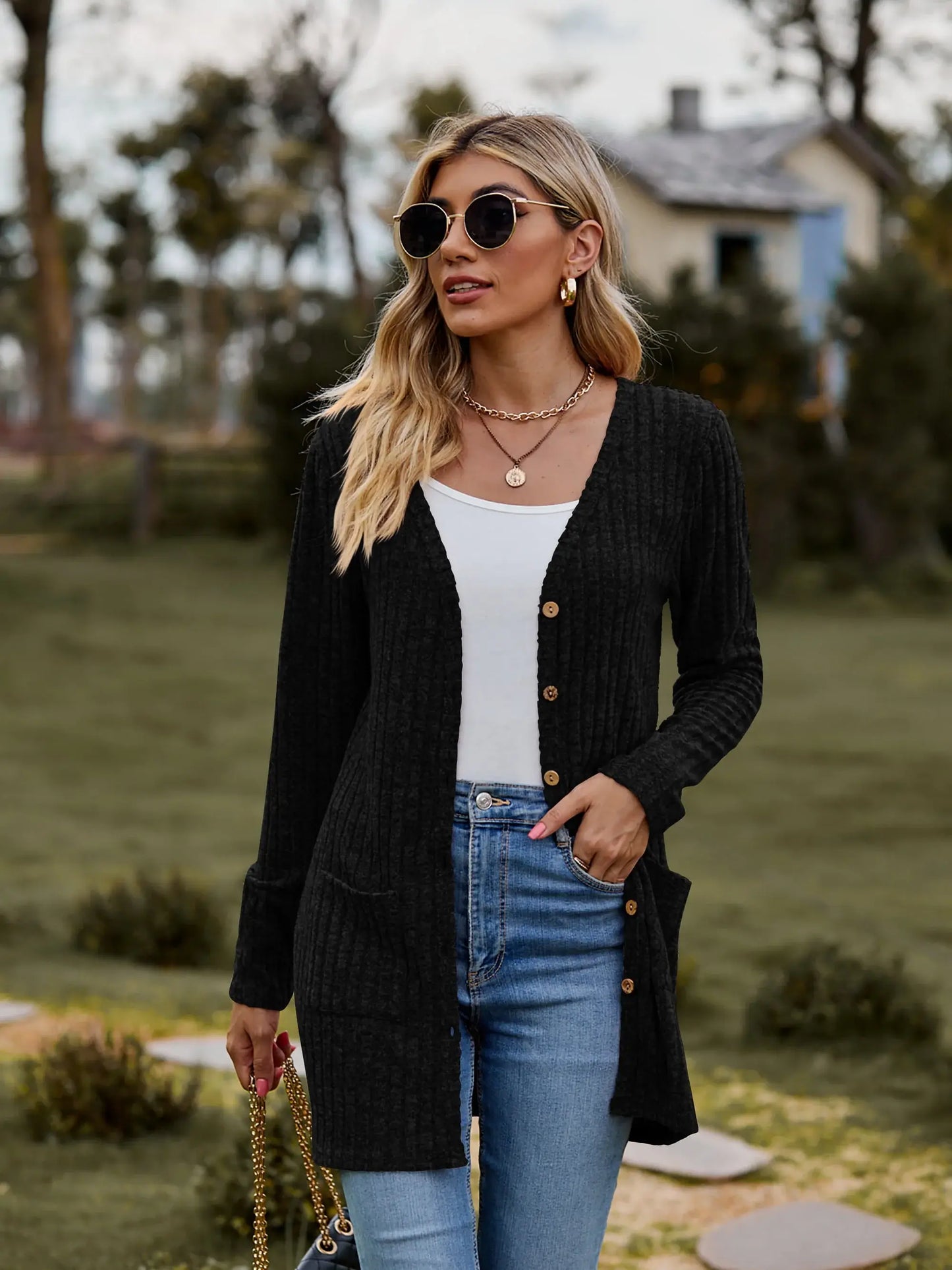Ribbed Button-UP Caradigan with Pockets - Trendsi - Flyclothing LLC