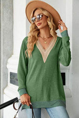 Slit V-Neck Long Sleeve T-Shirt - Trendsi - Flyclothing LLC