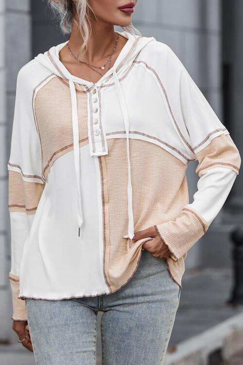 Multicolor Colorblock Ribbed Henley Hoodie - Trendsi - Flyclothing LLC