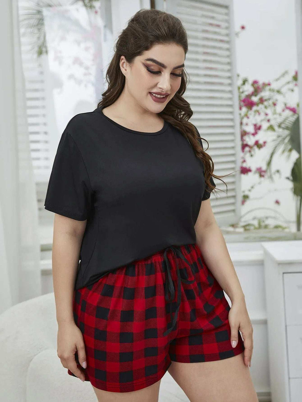 Plus Size Round Neck Tee Shirt and Plaid Shorts Lounge Set - Trendsi - Flyclothing LLC