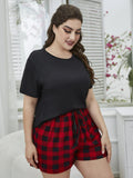 Plus Size Round Neck Tee Shirt and Plaid Shorts Lounge Set - Trendsi