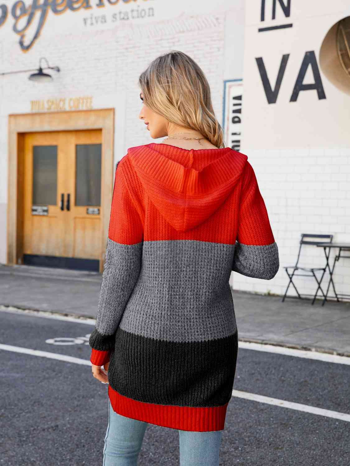 Color Block Open Front Hooded Cardigan - Trendsi - Flyclothing LLC
