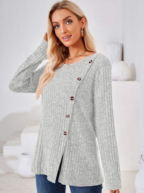 Ribbed Buttoned Round Neck Slit T-Shirt - Trendsi - Flyclothing LLC