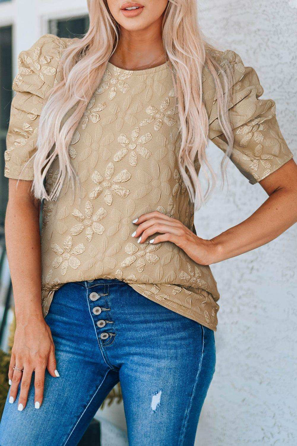 Puff Sleeve Round Neck Blouse - Trendsi - Flyclothing LLC