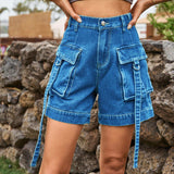 High Waist Denim Cargo Shorts - Trendsi - Flyclothing LLC