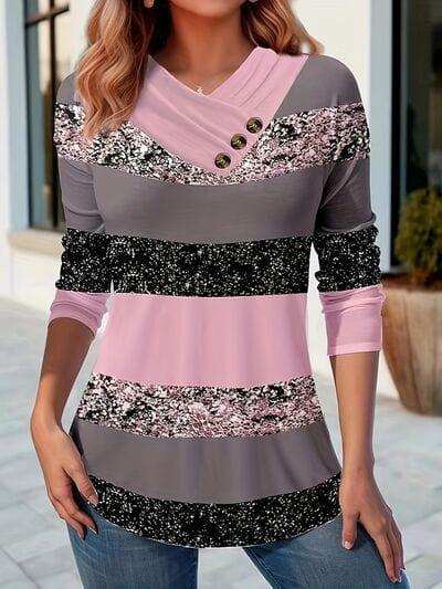 Color Block Decorative Button T-Shirt - Trendsi - Flyclothing LLC