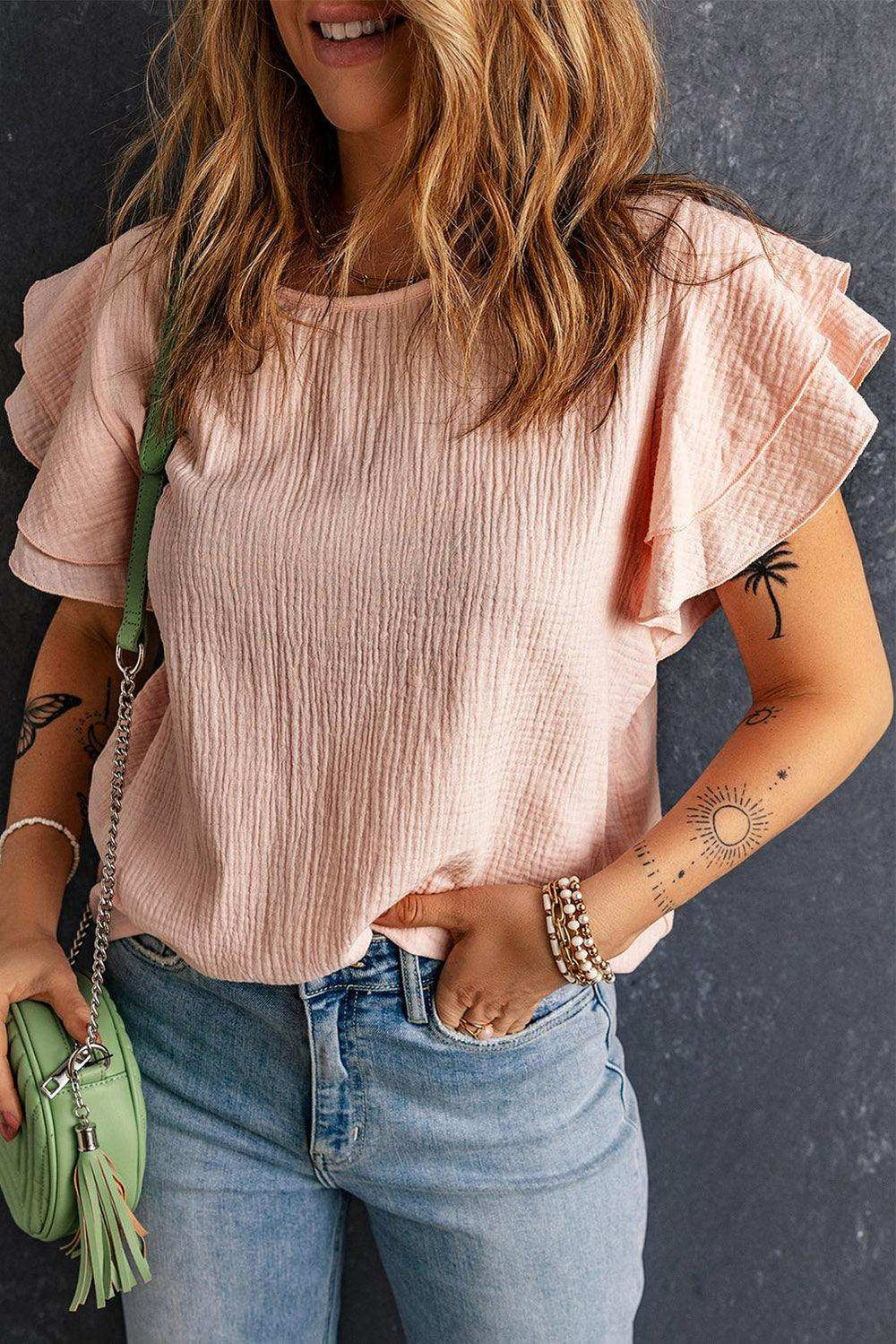 Textured Flutter Sleeve Keyhole Blouse - Trendsi