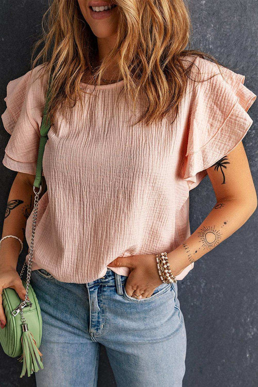 Textured Flutter Sleeve Keyhole Blouse - Trendsi - Flyclothing LLC