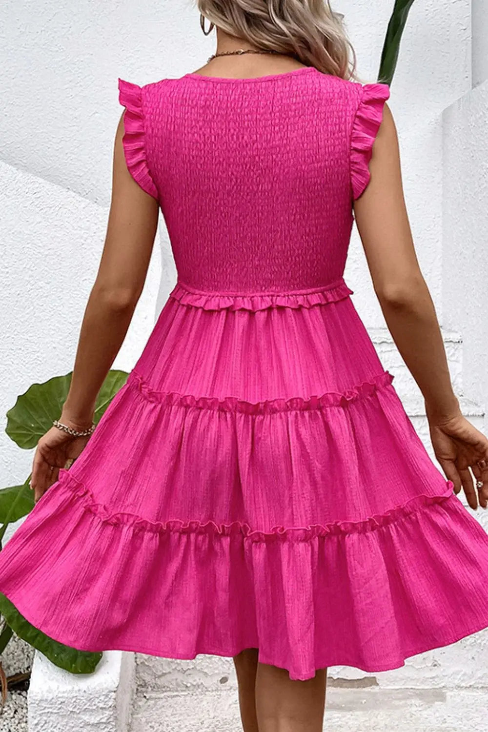 Smocked Frill Trim Deep V Dress - Trendsi - Flyclothing LLC