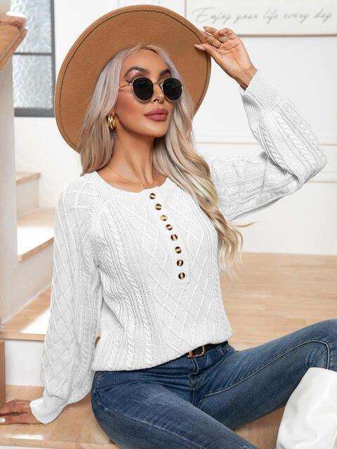 Cable-Knit Round Neck Buttoned Sweater - Trendsi - Flyclothing LLC