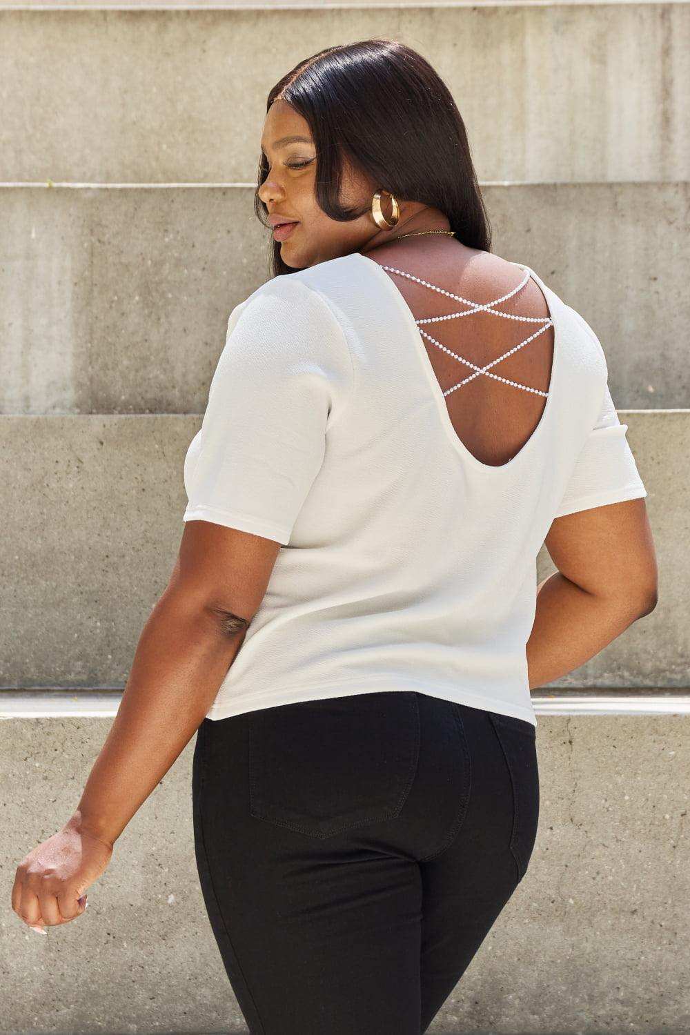And The Why Pearly White Full Size Criss Cross Pearl Detail Open Back T-Shirt - Trendsi - Flyclothing LLC