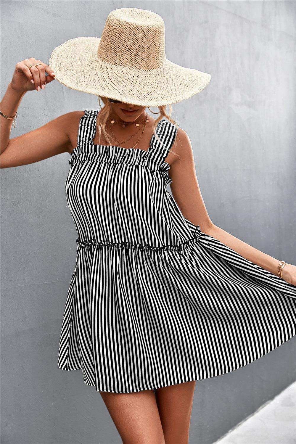 Striped Frill Trim Square Neck Dress - Trendsi - Flyclothing LLC