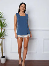 Square Neck Decorative Button Tank - Trendsi - Flyclothing LLC