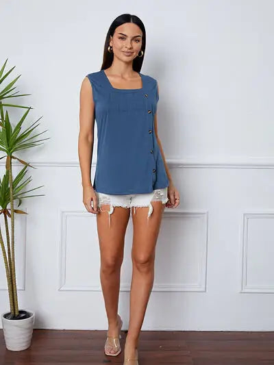 Square Neck Decorative Button Tank - Trendsi - Flyclothing LLC
