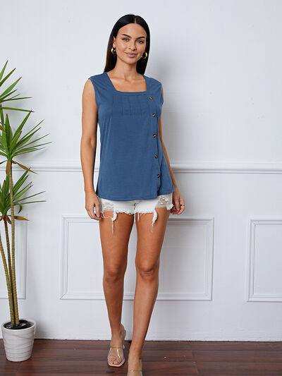 Square Neck Decorative Button Tank - Trendsi - Flyclothing LLC
