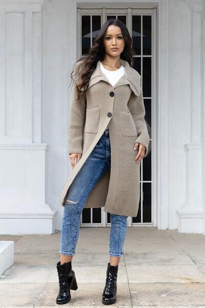 Pocketed Button Up Collared Neck Cardigan - Trendsi