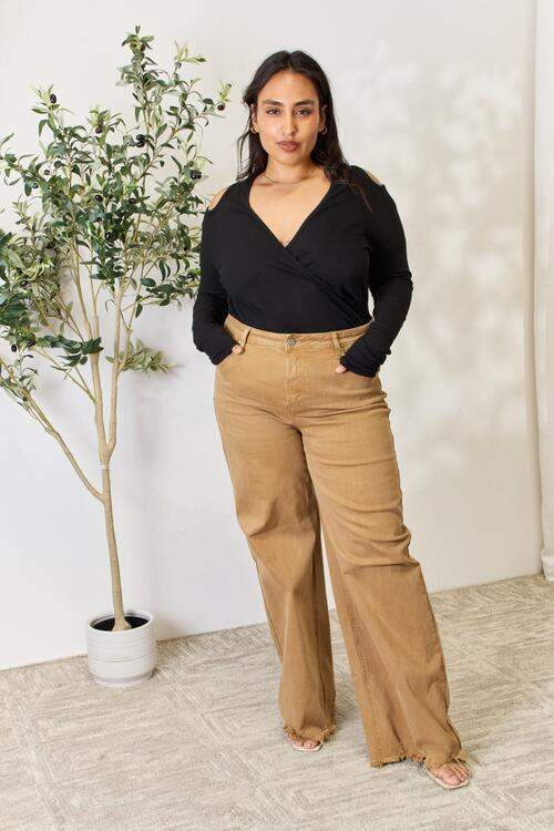 Culture Code Full Size Ribbed Surplice Cold Shoulder Top - Trendsi - Flyclothing LLC
