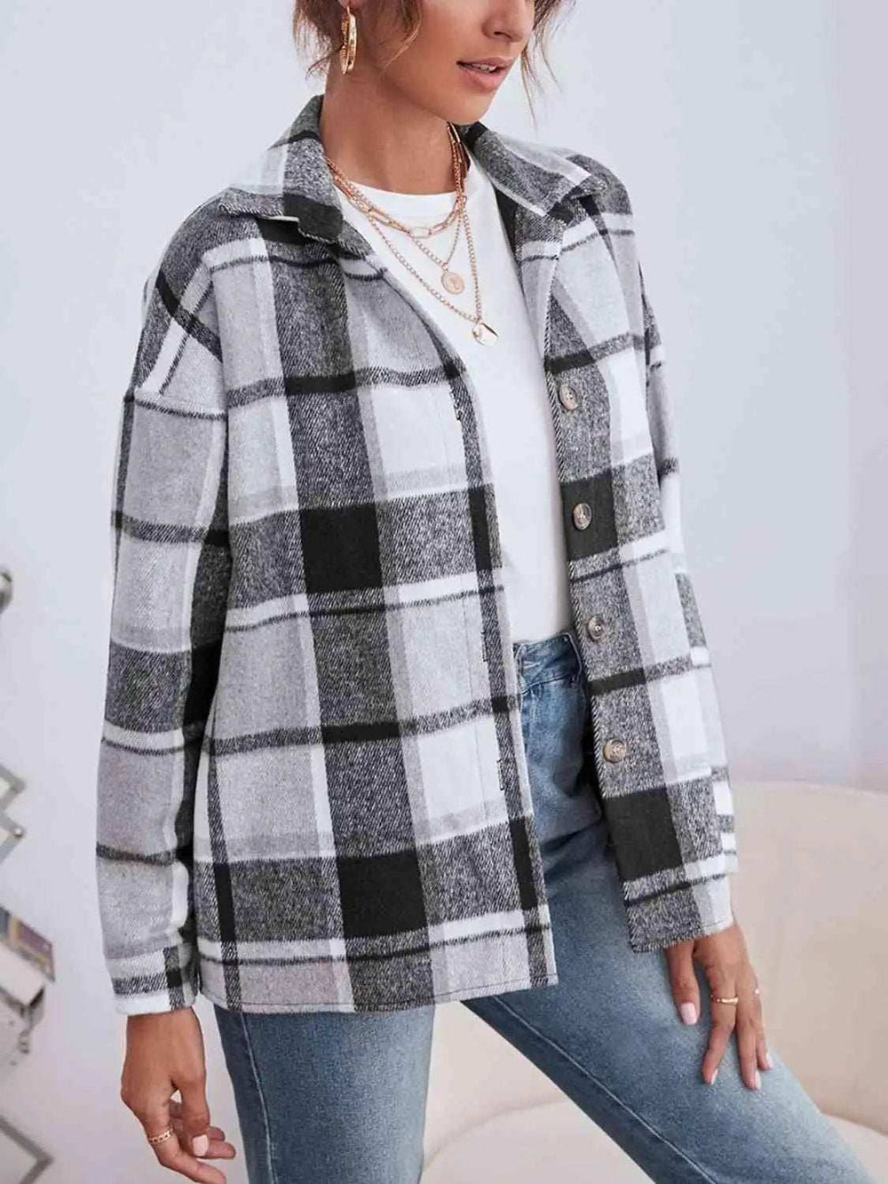 Plaid Collared Neck Button Down Jacket - Trendsi - Flyclothing LLC