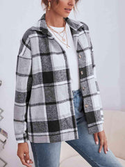 Plaid Collared Neck Button Down Jacket - Trendsi