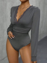 Lace Detail Plunge Long Sleeve Bodysuit - Trendsi - Flyclothing LLC