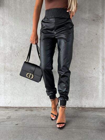 Smocked High Waist Pants with Pockets - Trendsi - Flyclothing LLC