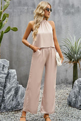 Grecian Neck Sleeveless Pocketed Top and Pants Set - Trendsi