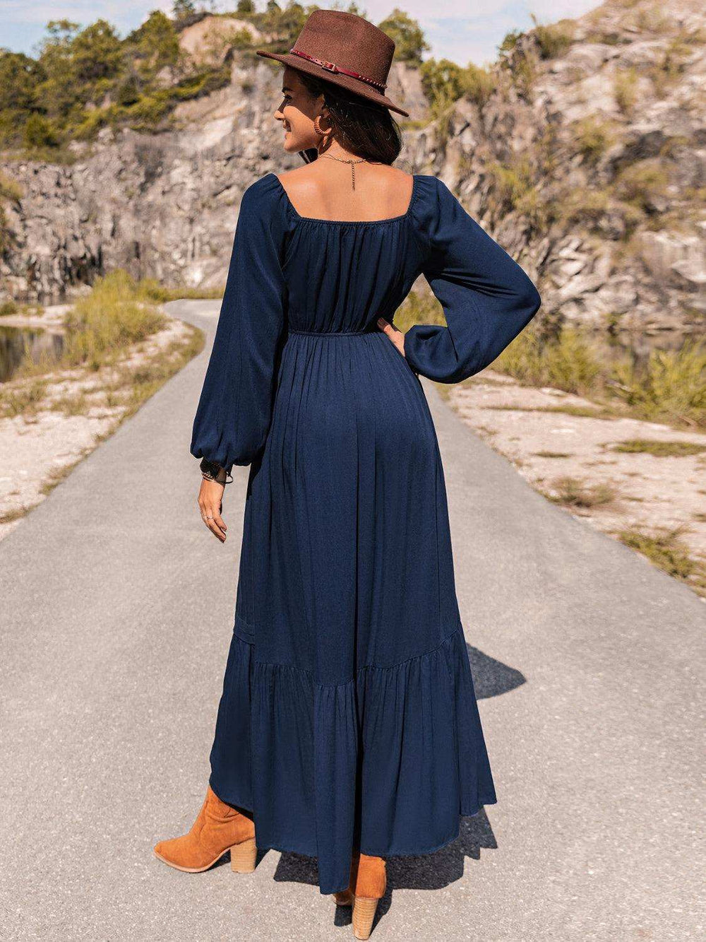 Long Sleeve Lace Trim Maxi Dress - Trendsi - Flyclothing LLC