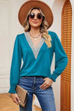Lace Detail V-Neck Lantern Sleeve T-Shirt - Trendsi - Flyclothing LLC