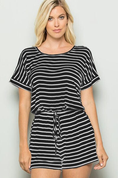 Heimish Full Size Striped Round Neck Short Sleeve Romper - Trendsi