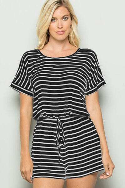 Heimish Full Size Striped Round Neck Short Sleeve Romper - Trendsi - Flyclothing LLC
