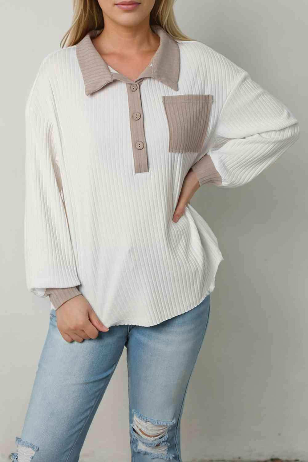 Contrast Collared Neck Top - Trendsi - Flyclothing LLC