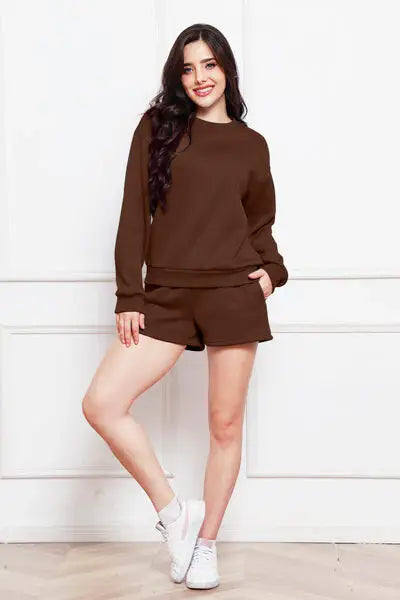 Round Neck Long Sleeve Sweatshirt and Drawstring Shorts Set - Trendsi - Flyclothing LLC