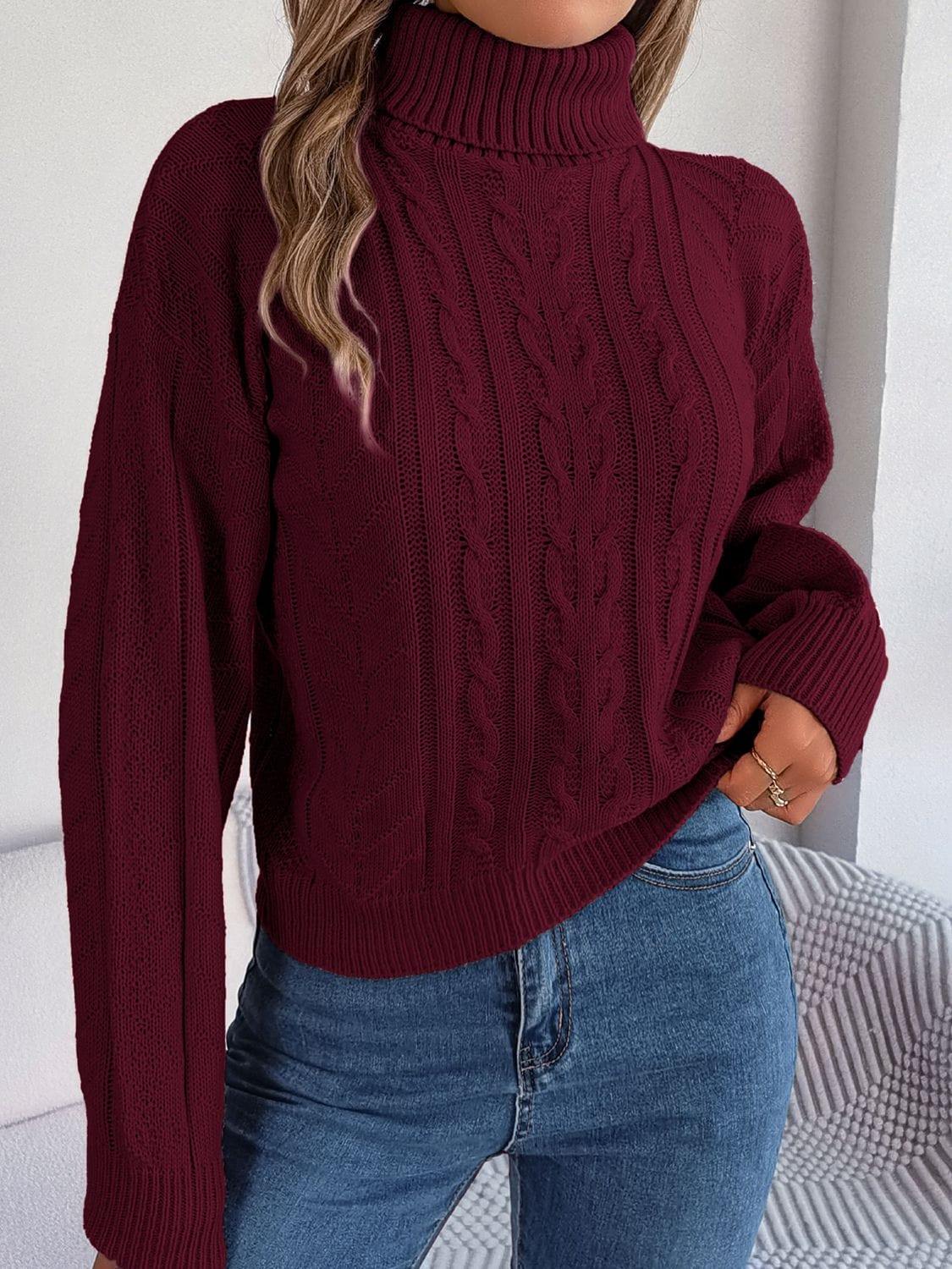 Cable-Knit Turtleneck Sweater - Trendsi