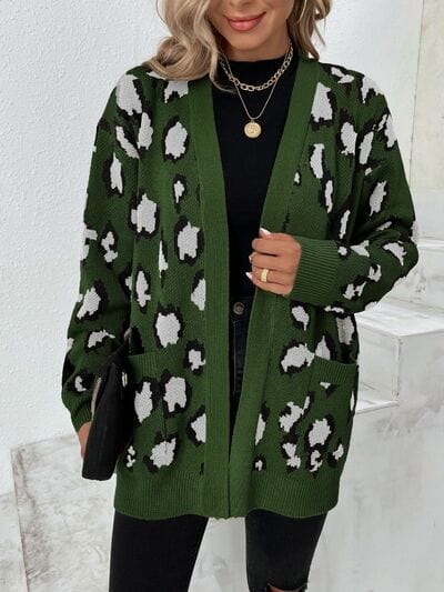 Leopard Open Front Dropped Shoulder Cardigan - Trendsi