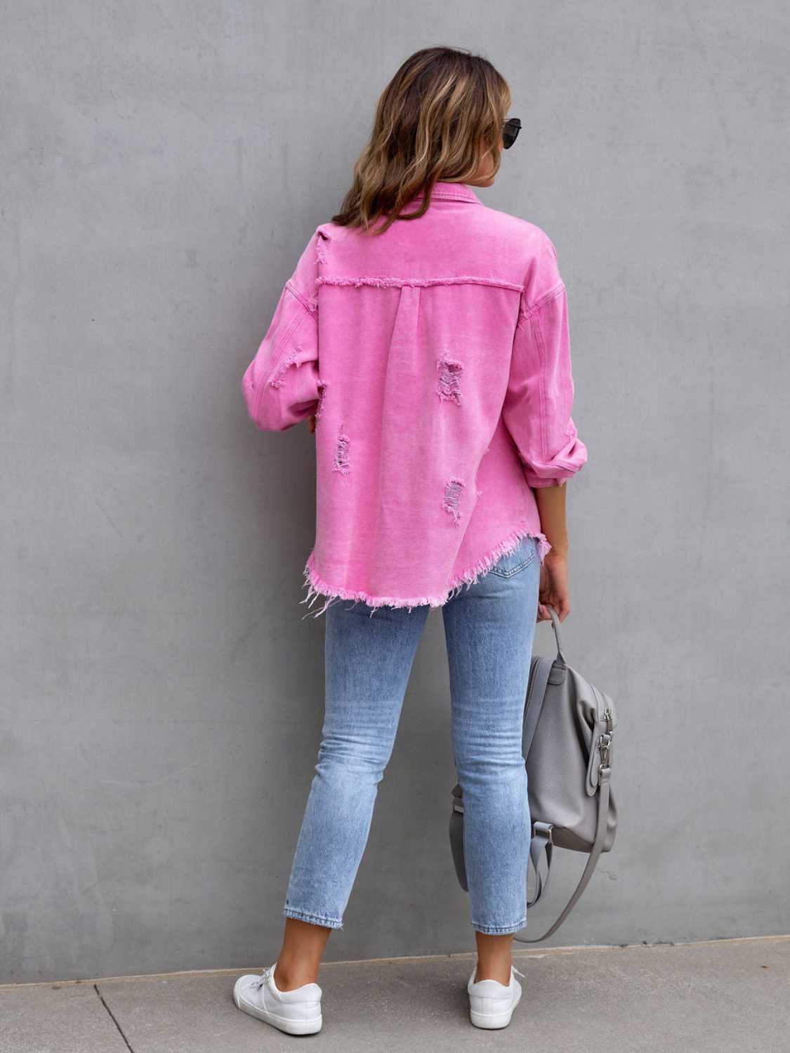 Distressed Drop Shoulder Denim Jacket - Trendsi - Flyclothing LLC