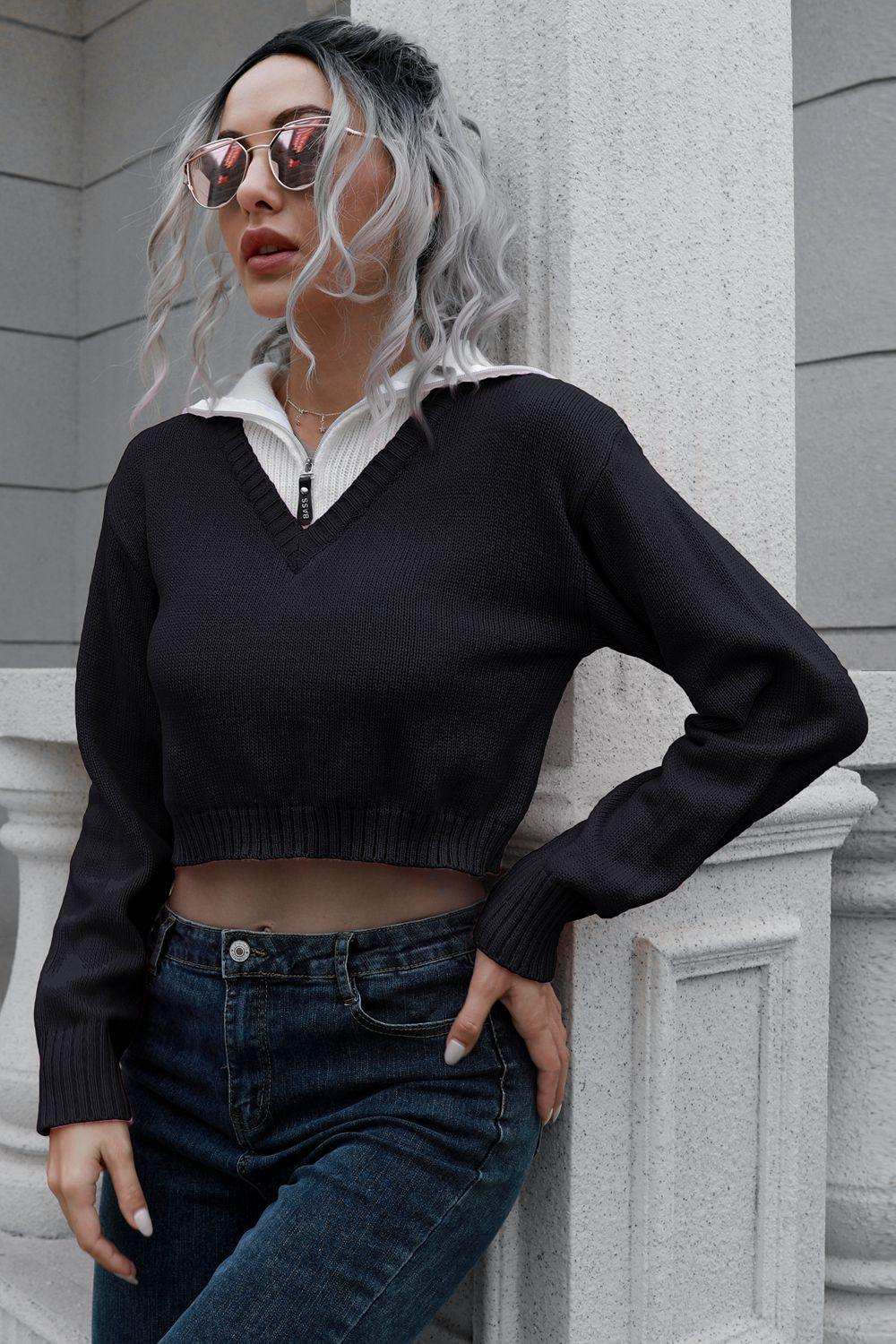 Contrast Collared Cropped Sweater - Trendsi - Flyclothing LLC